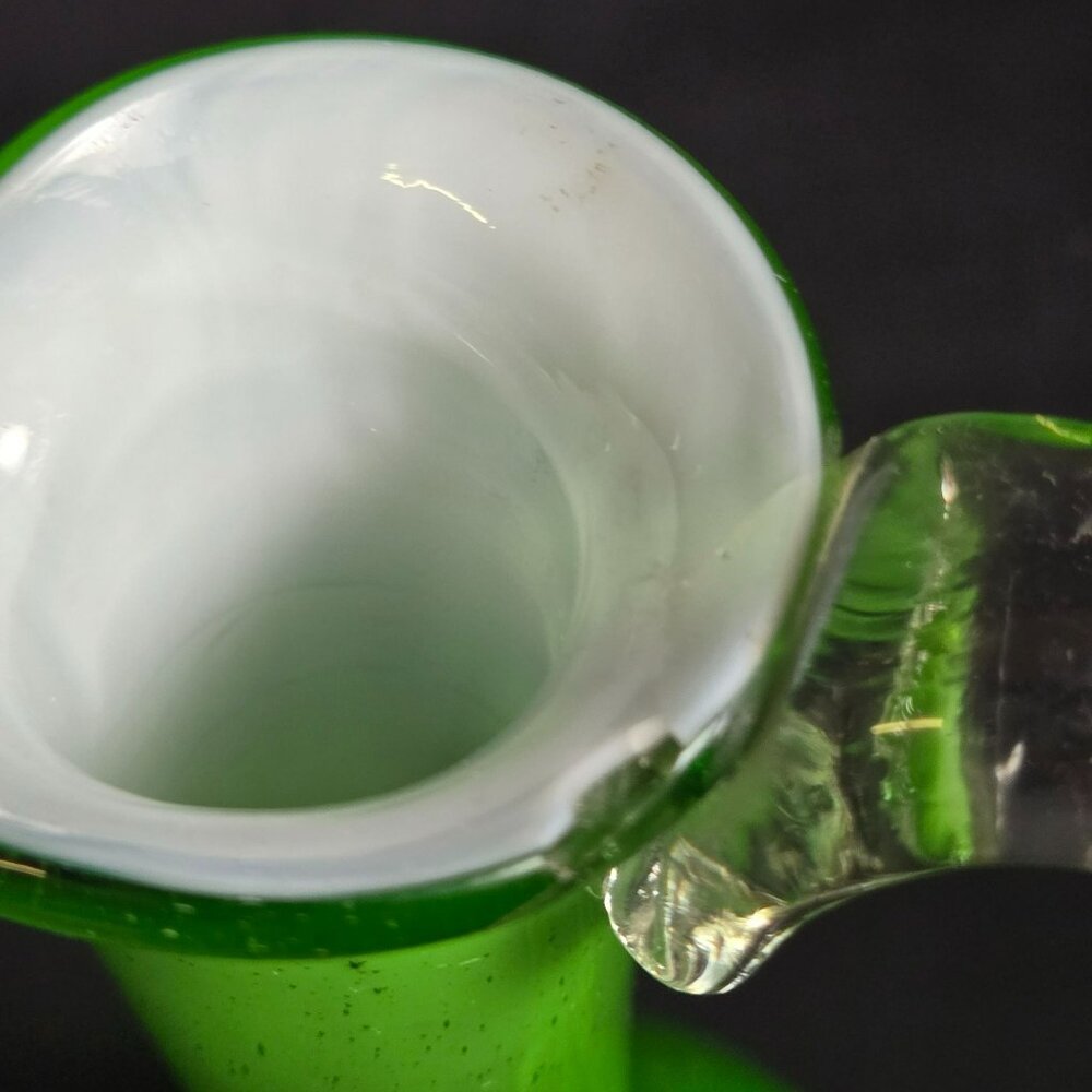 Vintage Green Art Glass Pitcher Ewer 8" Hand Blown Clear Handle Feet Mid Century - Picture 7 of 14